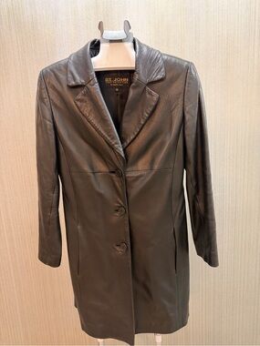 St. John Black Leather Button-Front Coat
